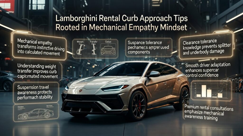 Futuristic Lamborghini educational infographic showing a luxury Lamborghini SUV with holographic panels explaining mechanical empathy driving mindset and curb approach control techniques.