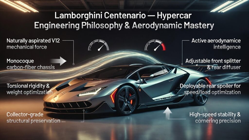 Infographic showing Lamborghini Centenario at center with side bullet points highlighting V12 power, carbon-fiber monocoque chassis, active aerodynamics, and collector-grade structural performance.