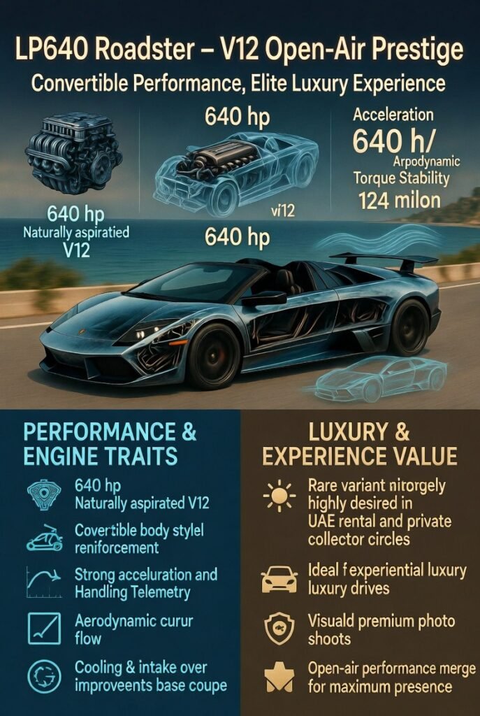 Animated infographic showing a Lamborghini Murcielago LP640 Roadster on a Dubai coastal route with open-top V12 engine telemetry, convertible mechanics, acceleration and airflow overlays, and luxury experiential and collector value indicators.