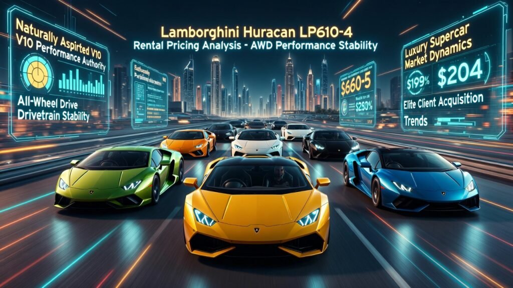 Lamborghini Huracan LP610-4 Rental Pricing Guide AWD Supercar Experience Dubai Multiple Lamborghini Huracan LP610-4 supercars in different colors displayed in animated Dubai skyline with AWD performance graphics and rental pricing holographic dashboard
