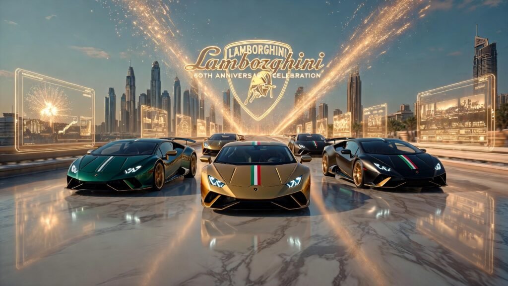 Lamborghini Huracan 60th Anniversary Edition Luxury Heritage Supercar Rental Dubai Multiple Lamborghini Huracan 60th Anniversary Edition supercars displayed in animated Dubai skyline with golden anniversary lighting and holographic heritage graphics