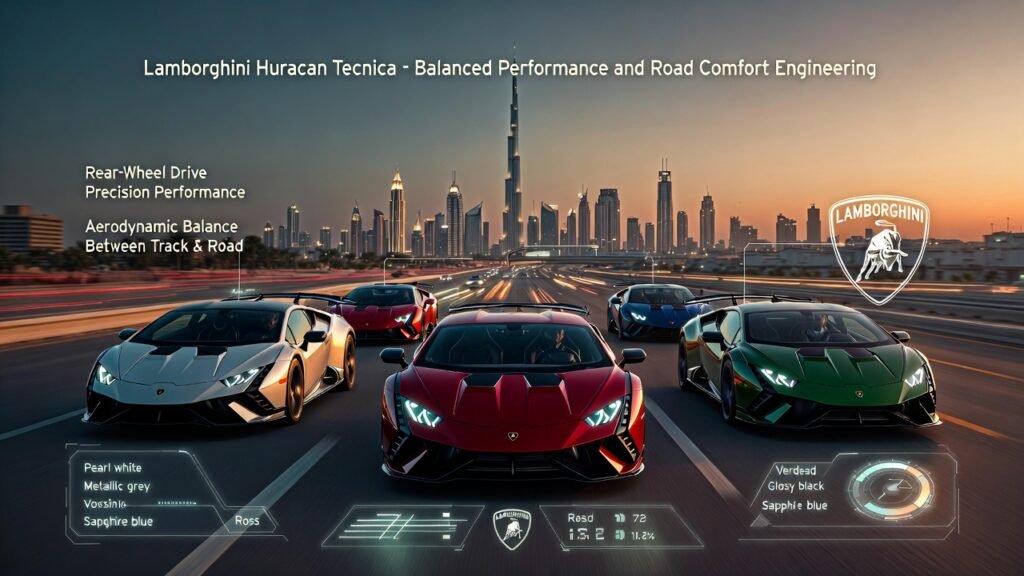 Lamborghini Huracan Tecnica Luxury Supercar Rental Dubai Multiple Lamborghini Huracan Tecnica supercars driving on futuristic Dubai skyline highway with luxury animated performance HUD graphics