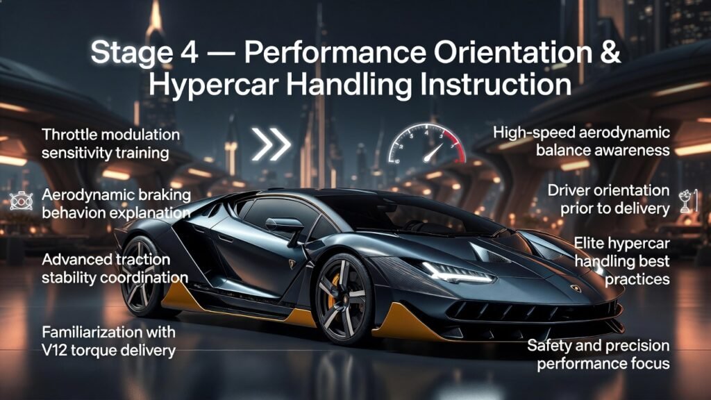 Infographic of Lamborghini Centenario at center with side bullet points showing V12 torque handling, aerodynamic braking, traction coordination, and driver orientation in a Dubai hypercar showroom.