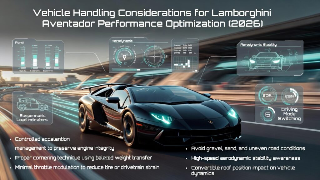 Luxury infographic showing a Lamborghini Aventador Roadster driving on a smooth high-performance road with handling and performance optimization tips displayed in a futuristic automotive design.