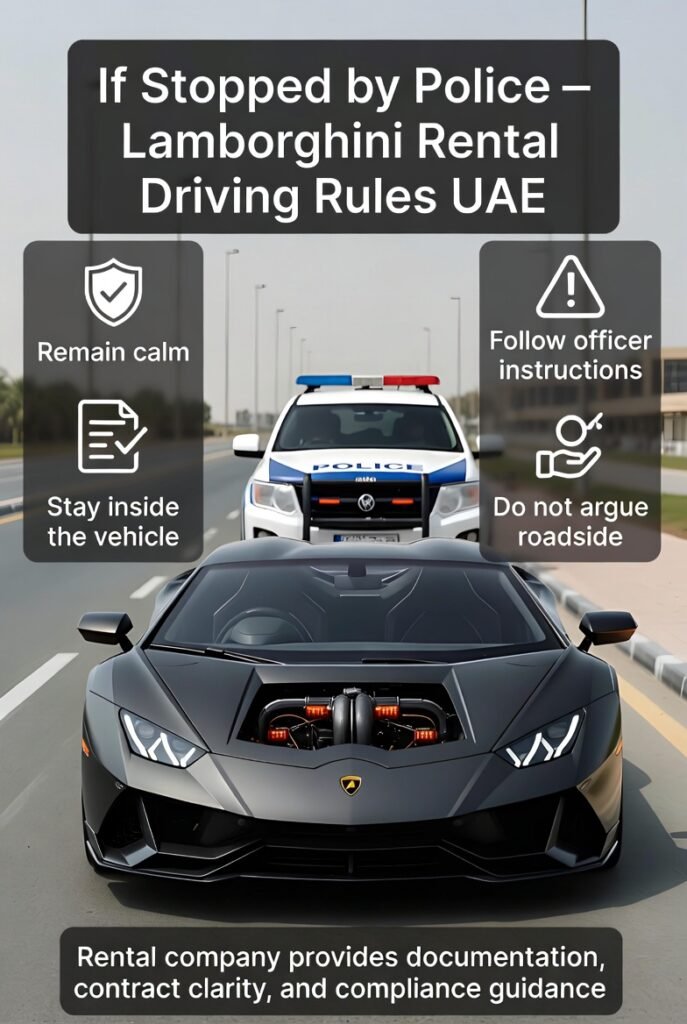 Lamborghini rental driving rules UAE showing proper conduct when stopped by police, including calm behavior, document presentation, and compliance support in Dubai 2026
