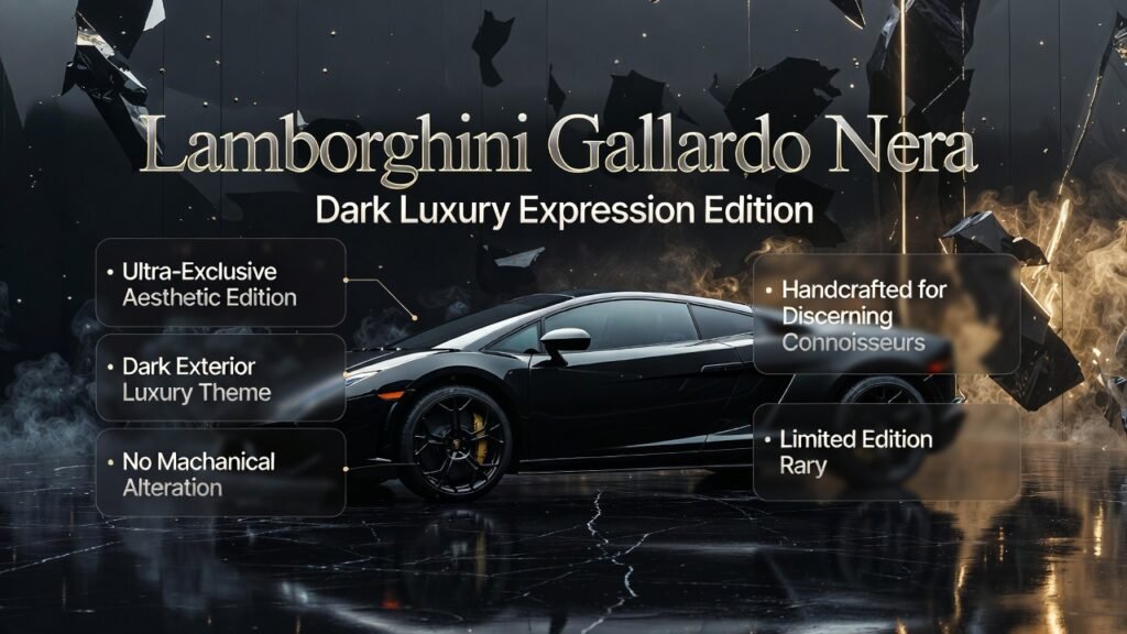 A cinematic dark-luxury animated infographic featuring a Lamborghini Gallardo Nera in a dramatic black environment, with floating design and exclusivity insights displayed through premium motion-style UI panels.