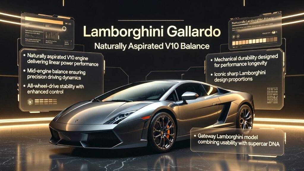 Lamborghini Gallardo luxury supercar displayed in futuristic premium showroom with cinematic lighting and holographic performance information panels highlighting its naturally aspirated V10 engine and mid-engine balance.