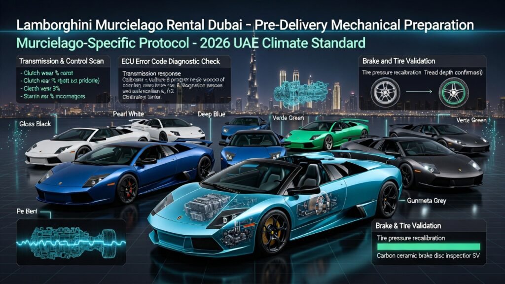 “Ultra-HD cinematic infographic showing Lamborghini Murcielago pre-delivery mechanical preparation in Dubai 2026. Displays clutch wear scan, ECU diagnostics, tire recalibration, carbon ceramic brake inspection, fluid temperature stability check, and cooling system monitoring in blue and green neon mechanical interface.”