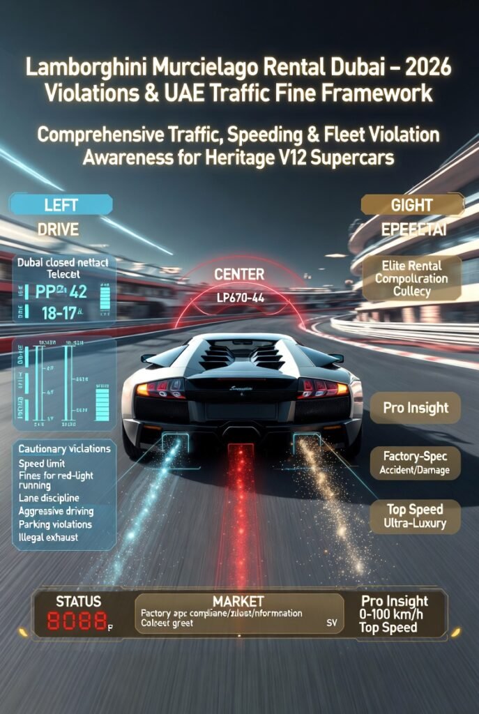 Ultra-HD infographic showing Lamborghini Murcielago rental violations in Dubai 2026, including speeding, red-light, lane discipline, parking, Salik toll, vehicle modification, accident, and damage alerts. Features cinematic closed-network route, GPS telematics, interactive overlays, high V12 torque stopping distance, factory-spec compliance monitoring, elite fleet enforcement, Blue/Cyan for driving and mechanical telemetry, Gold/Neutral for fleet rules, deposit and insurance alerts, Soft Red for violation cautions, HUD status strip at bottom, aggressive illuminated heading at top, central Lamborghini vehicle visual, cinematic reflections, and ambient Dubai lighting.
