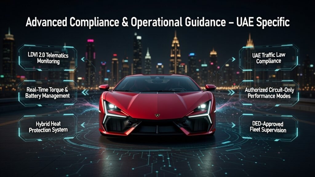 Lamborghini Revuelto infographic explaining UAE driving compliance, telematics monitoring, and hybrid safety systems.