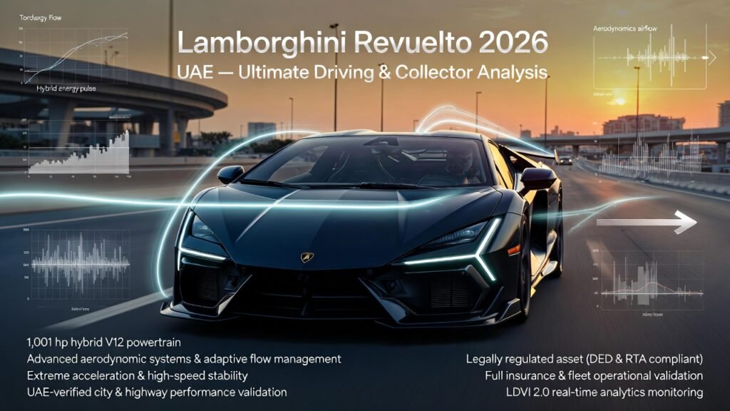 Infographic showing Lamborghini Revuelto at center with left-side driving highlights (hybrid V12, aerodynamics, acceleration, UAE performance) and right-side collector insights (DED/RTA compliance, insurance, telemetry, exclusivity).