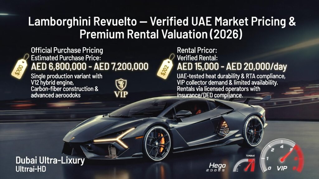 Infographic showing Lamborghini Revuelto at center with side points for UAE purchase price, premium rental range, hybrid V12 powertrain, carbon-fiber construction, VIP demand, and UAE compliance.