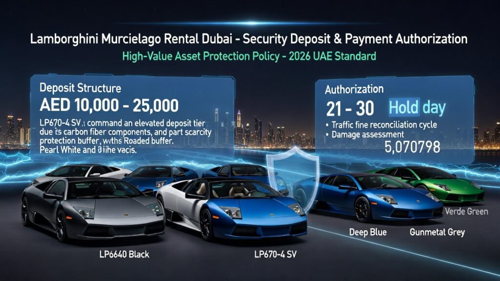 “Ultra-HD cinematic infographic showing Lamborghini Murcielago rental security deposit and payment authorization in Dubai 2026. Displays deposit range AED 10,000–25,000, 21–30 day hold period, card pre-authorization, crypto payment option, and elevated SV deposit protection in a blue and green neon financial control interface.”