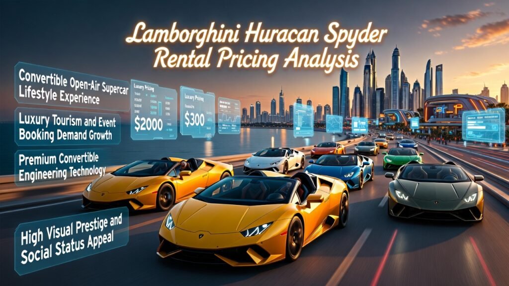 Lamborghini Huracan Spyder Convertible Rental Pricing Guide Dubai Luxury Supercar Experience Multiple Lamborghini Huracan Spyder convertible supercars in different colors displayed in animated Dubai coastal skyline with luxury rental pricing infographic and promotional text