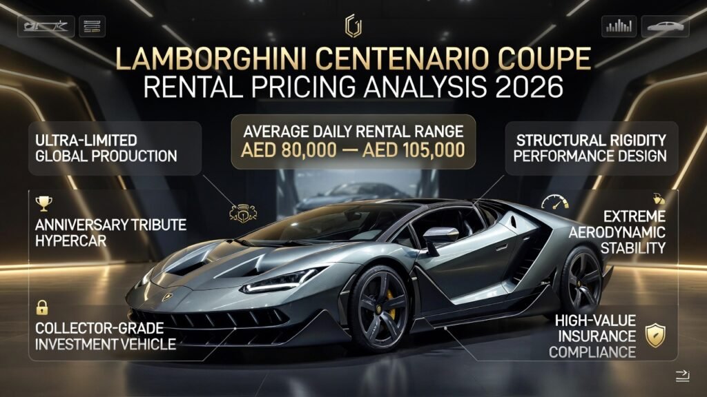 Luxury infographic showing Lamborghini Centenario Coupe with Dubai hypercar rental pricing range and collector hypercar status.