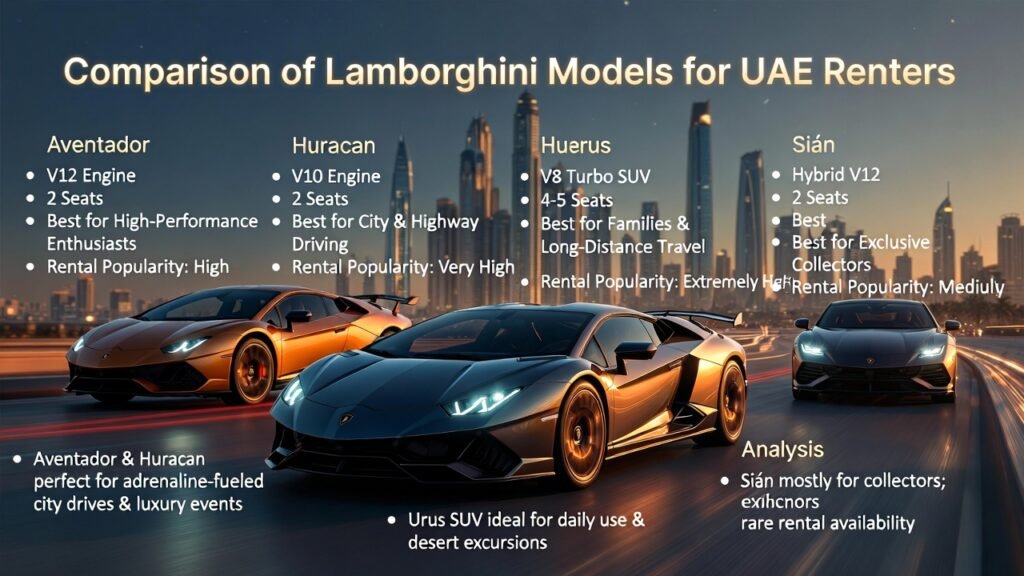 3D animated infographic of Lamborghini models for UAE renters, featuring Aventador, Huracan, Urus, and Sián with engine, seats, best use cases, and rental popularity, alongside additional analysis points for daily use, collectors, and city/highway drives.