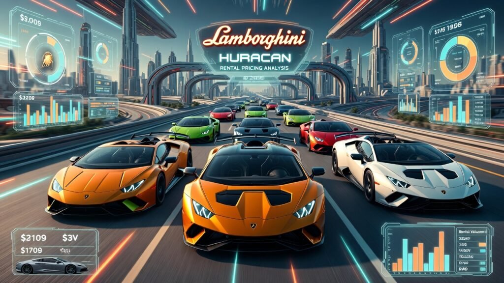Lamborghini Huracan Rental Pricing Analysis 2026 Luxury Supercar Market Guide Dubai Multiple Lamborghini Huracan models displayed in animated Dubai luxury skyline with holographic pricing comparison and performance valuation graphics