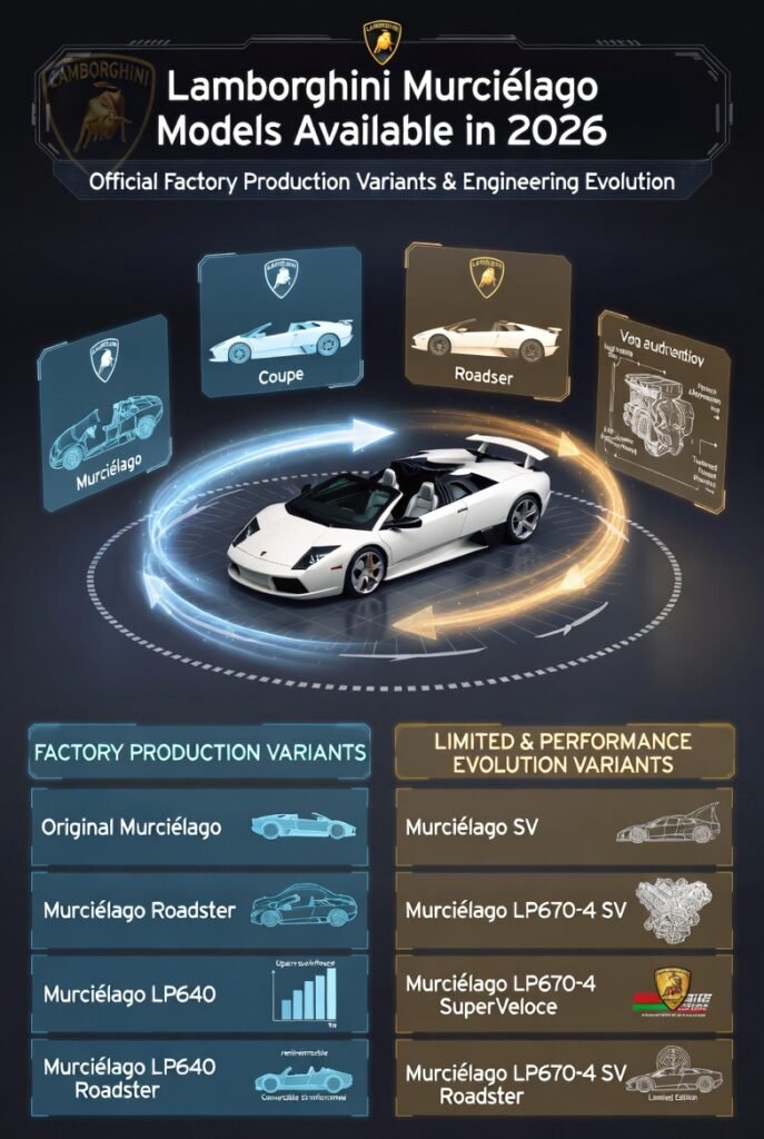 Animated infographic displaying Lamborghini Murciélago factory production variants including Coupe, Roadster, LP640, LP640 Roadster, LP650-4 Roadster, and LP670-4 SuperVeloce, visualized through a heritage timeline platform highlighting engineering evolution, rarity tiers, and collector-grade rental demand in Dubai.