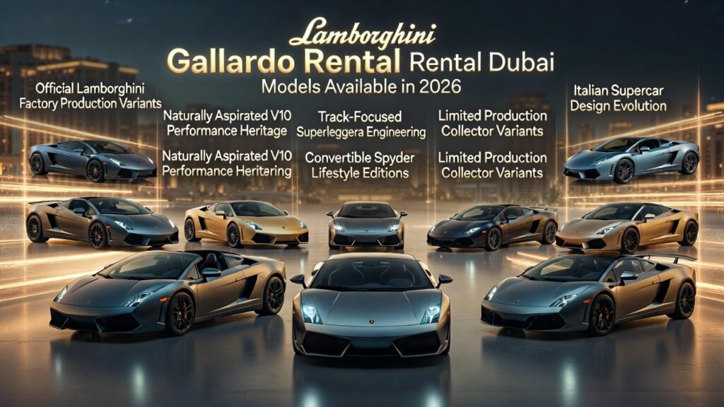 Ultra-realistic animated infographic displaying multiple Lamborghini Gallardo supercar variants including Coupe, Spyder, Superleggera, LP560-4, LP550-2, LP570-4, Balboni Edition, Tricolore, and Bicolore models positioned inside a luxury Dubai showroom and city night background with glowing neon lighting, reflective floor surfaces, and cinematic premium automotive presentation highlighting official Lamborghini factory production models available in 2026 rental and collector markets.
