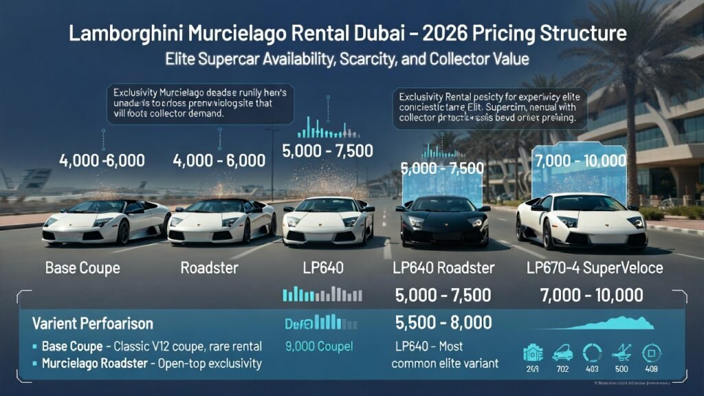 Animated infographic showing a Lamborghini Murcielago fleet in Dubai with variant-specific daily rental pricing overlays, telemetry-style scarcity and elite collector indicators, comparing Base Coupe, Roadster, LP640, LP640 Roadster, LP650-4 Roadster, and LP670-4 SuperVeloce, reflecting 2026 UAE premium rental market positioning.