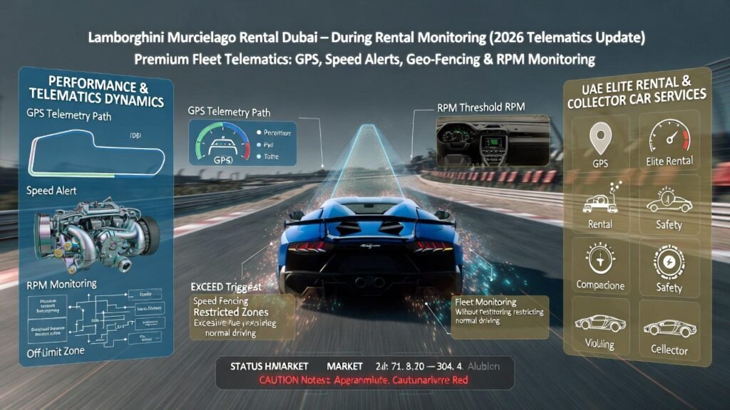 Ultra-HD infographic of Lamborghini Murcielago rental in Dubai showing cinematic closed-network track, GPS tracking path, speed alert triggers, geo-fencing restricted zones, excessive RPM warning telemetry, fleet monitoring and safety overlays, elite rental safety indicators, Blue/Cyan for telematics and performance overlays, Gold/Neutral for premium rental and risk reduction, Soft Red for caution alerts, HUD status strip at bottom, aggressive illuminated heading at top, central Lamborghini vehicle visual, cinematic reflections, ambient Dubai lighting, fully animated professional infographic for 2026 telementrics update.
