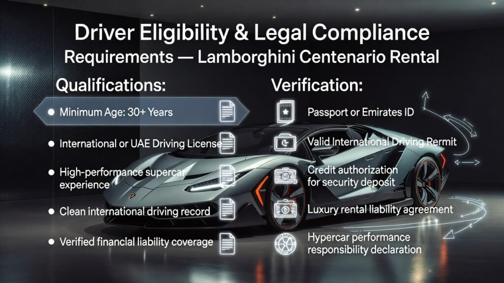 Infographic of Lamborghini Centenario at center with side bullet points highlighting driver eligibility criteria and required legal documentation for elite hypercar rentals in Dubai.