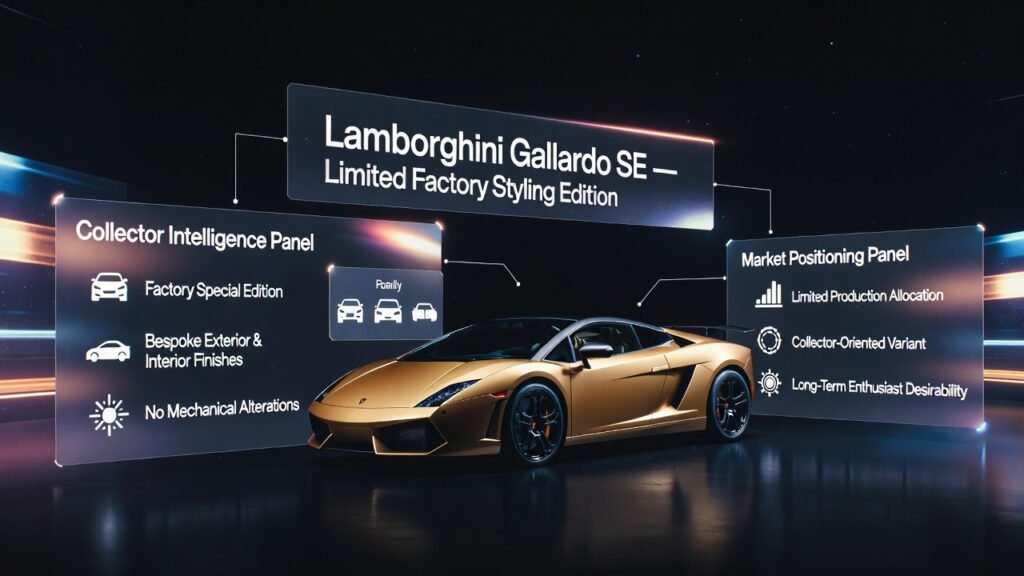 A cinematic animated-style infographic showing a Lamborghini Gallardo SE in the center, surrounded by floating luxury UI panels highlighting its limited factory styling, bespoke finishes, and collector-oriented market positioning.