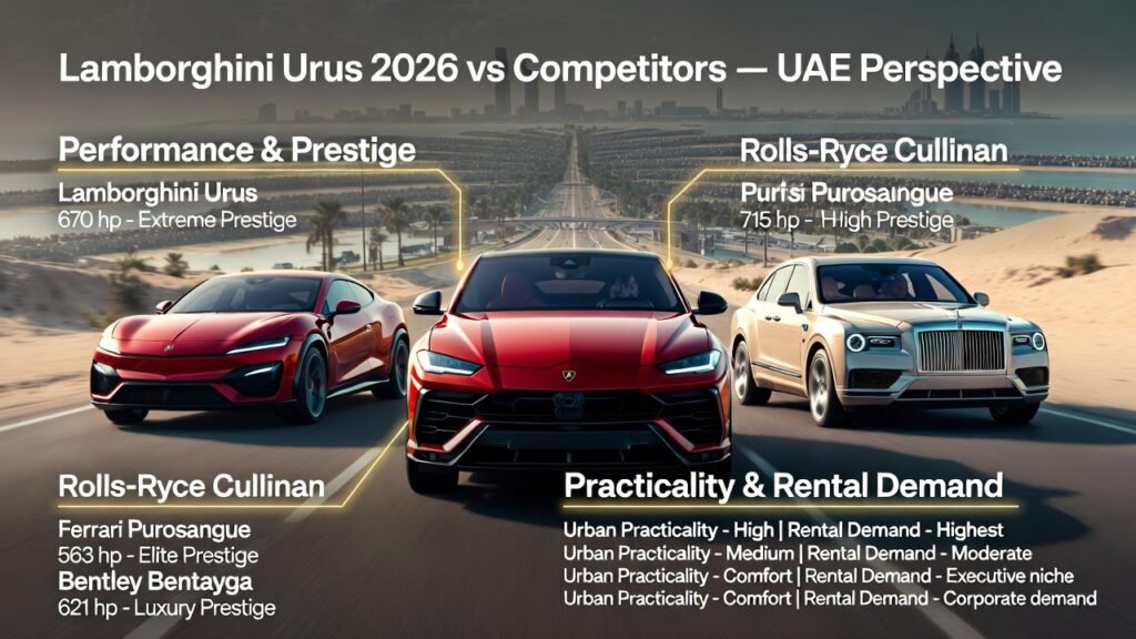 Infographic comparing Lamborghini Urus 2026 with Ferrari Purosangue, Rolls-Royce Cullinan, and Bentley Bentayga highlighting UAE performance, prestige, urban practicality, and rental demand
