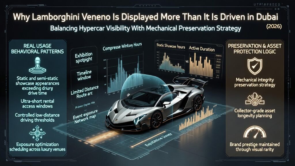 Animated infographic showing a Lamborghini Veneno transitioning between a luxury display platform and a short driving route, with data visualizations comparing exhibition time versus actual driving distance, illustrating Dubai’s hypercar preservation and exposure optimization strategy.