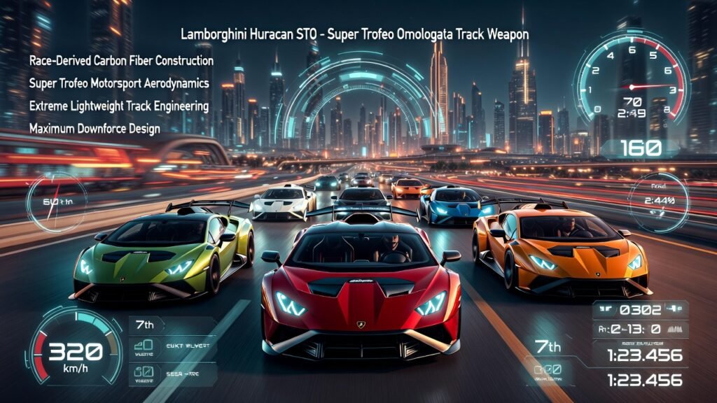 Lamborghini Huracan STO Track Supercar Rental Dubai Multiple Lamborghini Huracan STO track supercars in racing colors driving on futuristic animated Dubai skyline highway with motorsport HUD graphics
