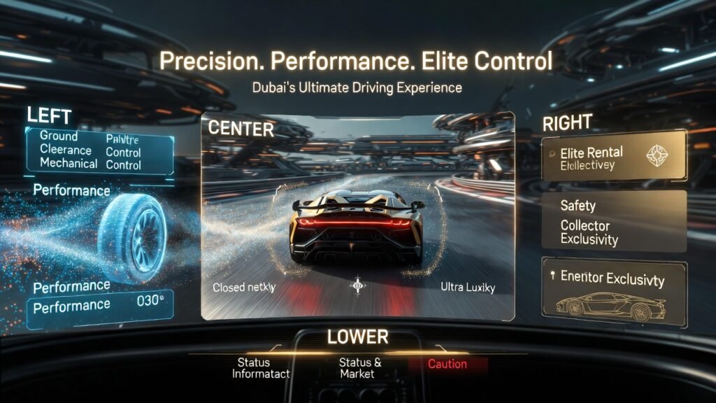 Ultra-HD infographic of Lamborghini [Model/Topic] in Dubai, showing cinematic closed-network track, telemetry overlays, mechanical V12 performance, elite rental safety, driving briefings, ground clearance, E-Gear shift timing, cold start warm-up, speed bump techniques, front overhang caution, and collector orientation. Fully animated, professional infographic with Blue/Cyan for performance telemetry, Gold/Neutral for elite rental and safety, Soft Red for caution alerts, HUD status strip at bottom, aggressive illuminated heading at top, central Lamborghini vehicle visual, cinematic reflections, and ambient Dubai lighting.
