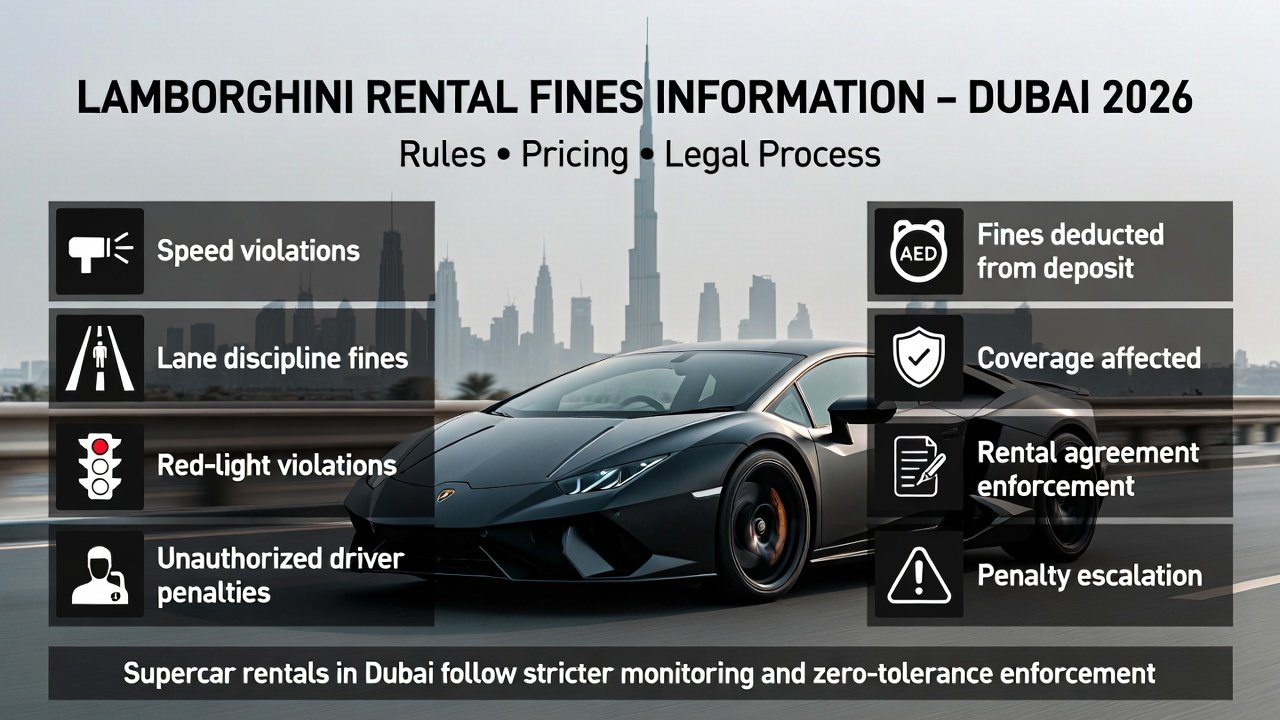 Lamborghini rental fines information guide image showing Dubai enforcement rules, traffic monitoring, and financial penalties for supercar rentals in 2026