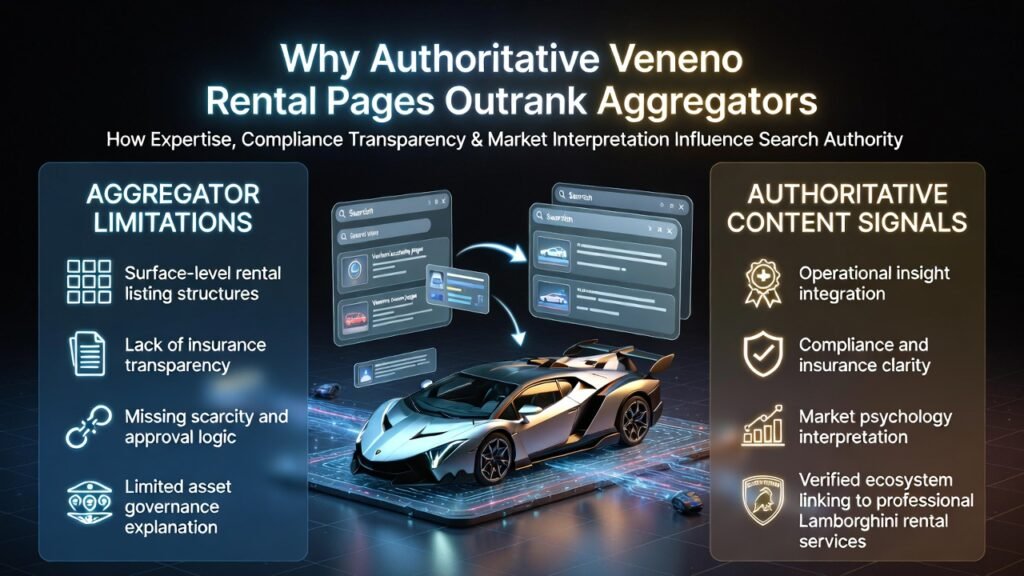 Animated infographic showing a Lamborghini Veneno positioned on a digital authority ranking platform, with algorithm data streams highlighting how expert rental pages with compliance transparency and ecosystem verification outperform basic aggregator listings in search engine rankings.