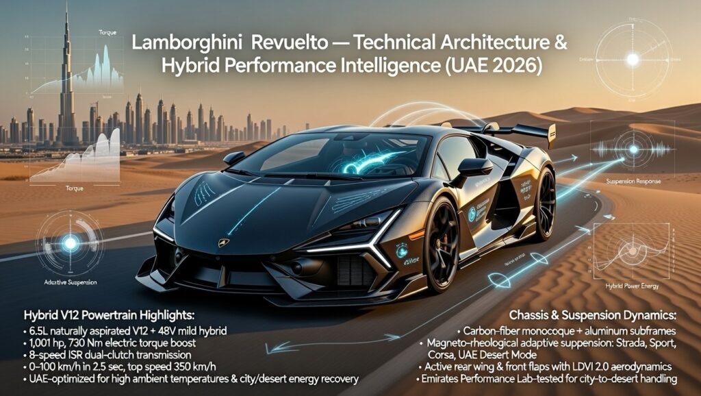 Infographic showing Lamborghini Revuelto at center with left-side hybrid V12 powertrain details (hp, torque, transmission, acceleration, UAE optimization) and right-side chassis & suspension dynamics (monocoque, adaptive suspension, active aerodynamics, UAE-specific testing).