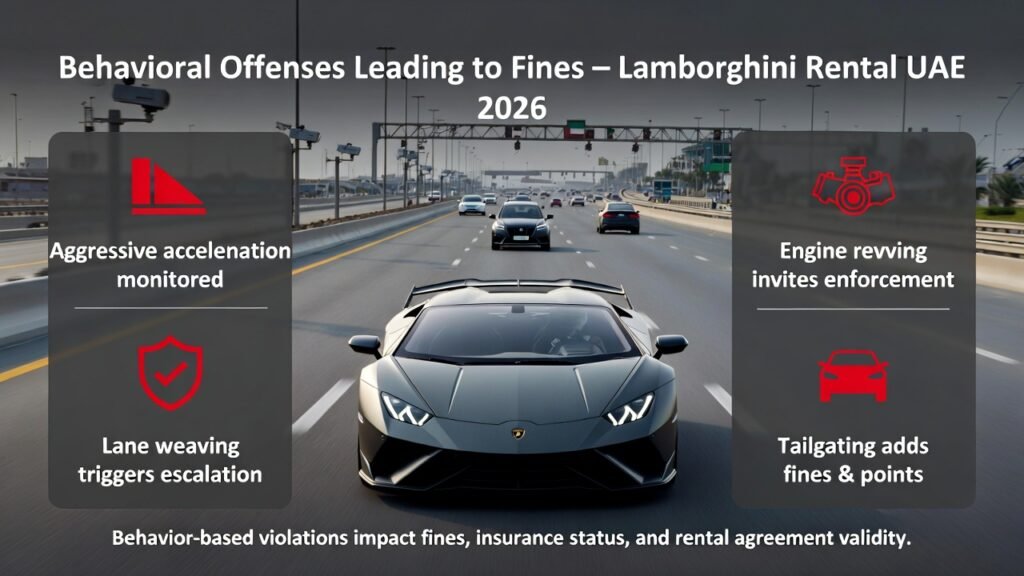Behavioral driving offenses leading to fines for Lamborghini rentals in the UAE, including aggressive acceleration, lane weaving, tailgating, and unsafe overtaking in Dubai 2026