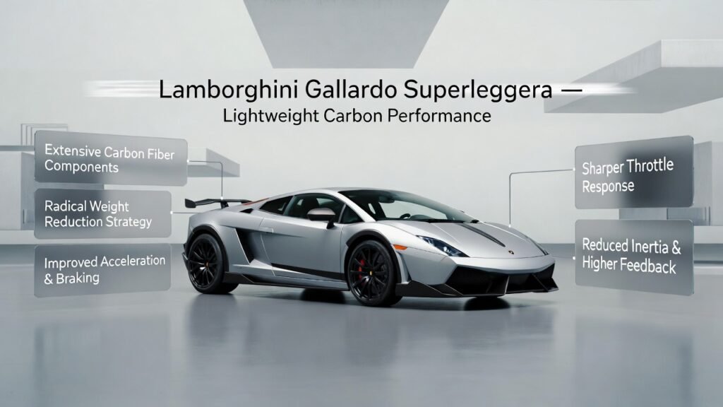 A luxury animated-style infographic showing a Lamborghini Gallardo Superleggera in a clean performance studio, with floating panels highlighting carbon fiber weight reduction and driver-focused performance characteristics.