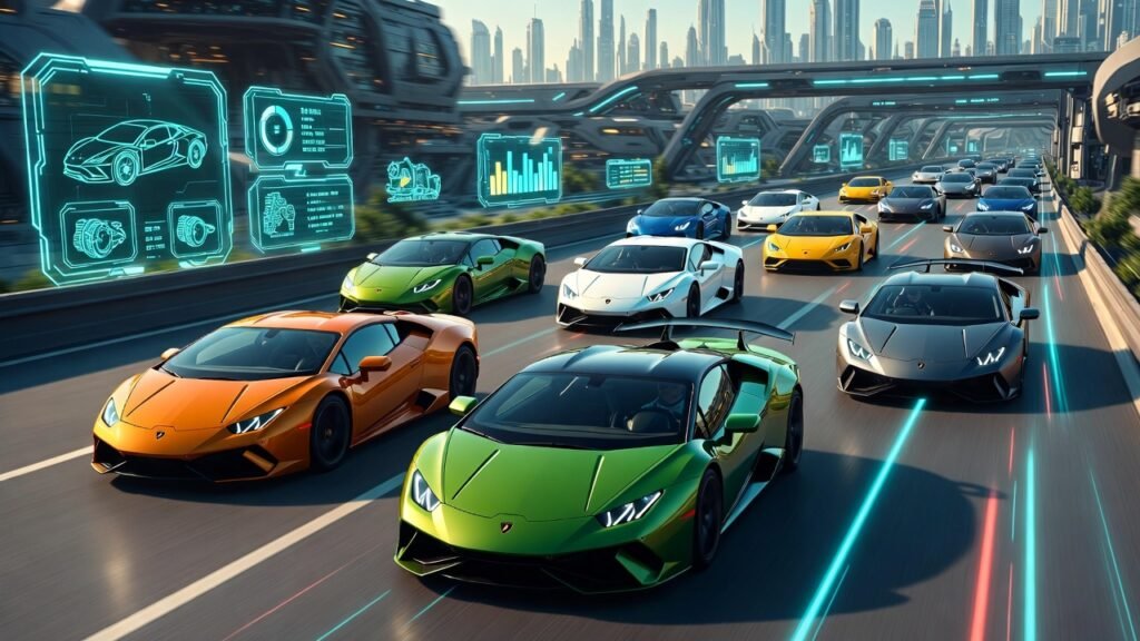 Lamborghini Huracan LP580-2 Rental Pricing Guide RWD Supercar Driving Experience Dubai Multiple Lamborghini Huracan LP580-2 rear-wheel drive supercars in different colors displayed in animated Dubai skyline with RWD performance graphics and rental pricing dashboard