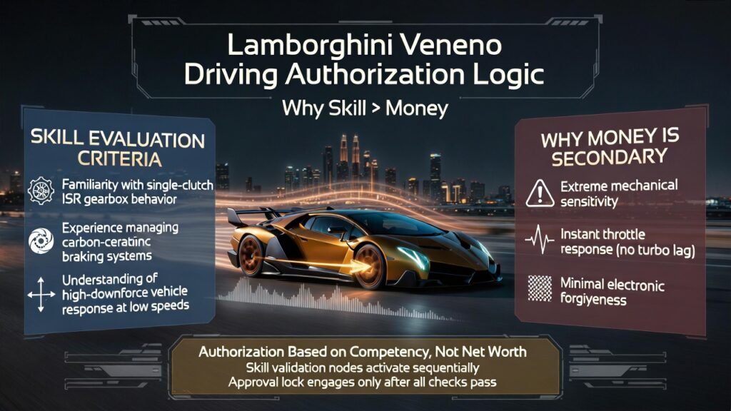 Animated infographic showing Lamborghini Veneno driving authorization logic in Dubai, highlighting driver skill requirements such as ISR gearbox familiarity, carbon-ceramic braking control, and high-downforce vehicle handling over financial capability.