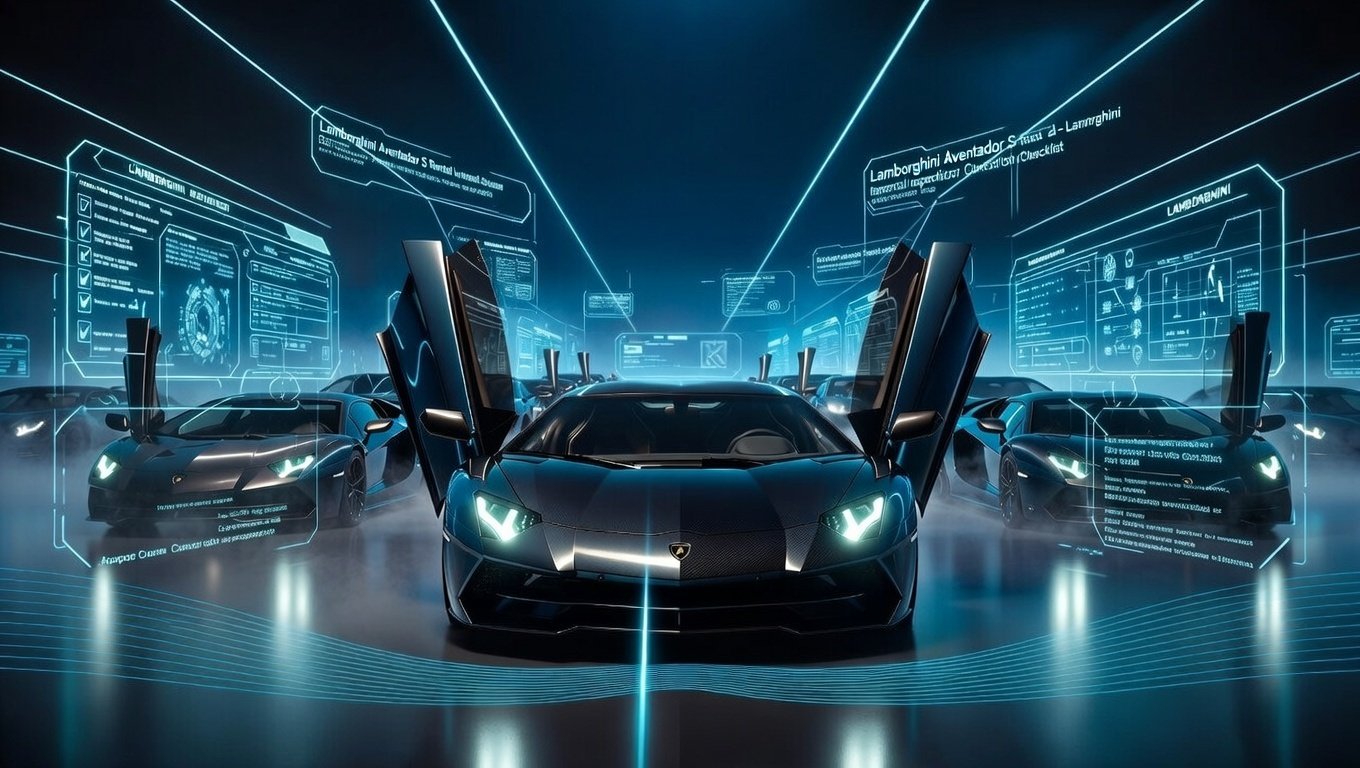 Multiple Lamborghini Aventador S supercars displayed inside futuristic Dubai luxury inspection showroom with holographic rental checklist interface