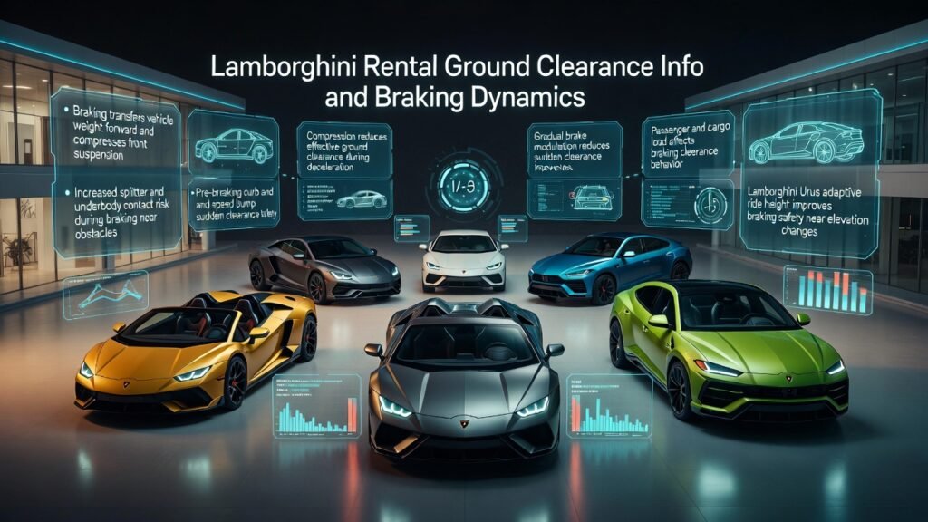 Futuristic Lamborghini rental infographic showing multiple Lamborghini vehicles in different colors with holographic panels explaining braking dynamics and how weight transfer affects ground clearance.