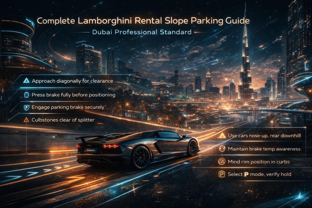 Animated luxury infographic showing a Lamborghini parked on an inclined surface in Dubai with an illustrated Burj Khalifa skyline in the background, explaining professional slope parking standards for rented Lamborghinis across residential towers, malls, hotels, and marina areas.