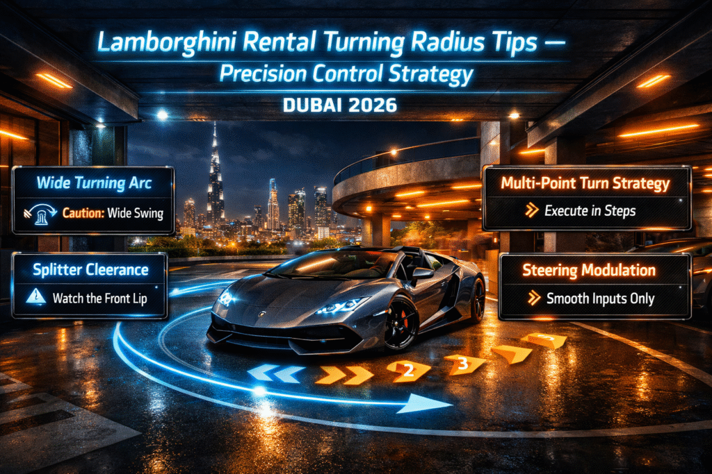 Animated luxury infographic showing Lamborghini supercar maneuvering in Dubai with neon-glow steering and turning radius guidance, futuristic parking environment, illustrating precision turning control tips for low-clearance Lamborghinis