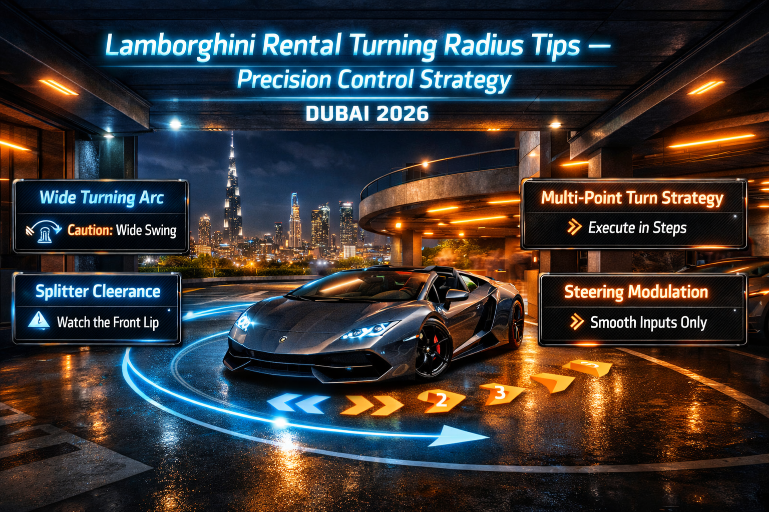 Animated luxury infographic showing Lamborghini supercar maneuvering in Dubai with neon-glow steering and turning radius guidance, futuristic parking environment, illustrating precision turning control tips for low-clearance Lamborghinis