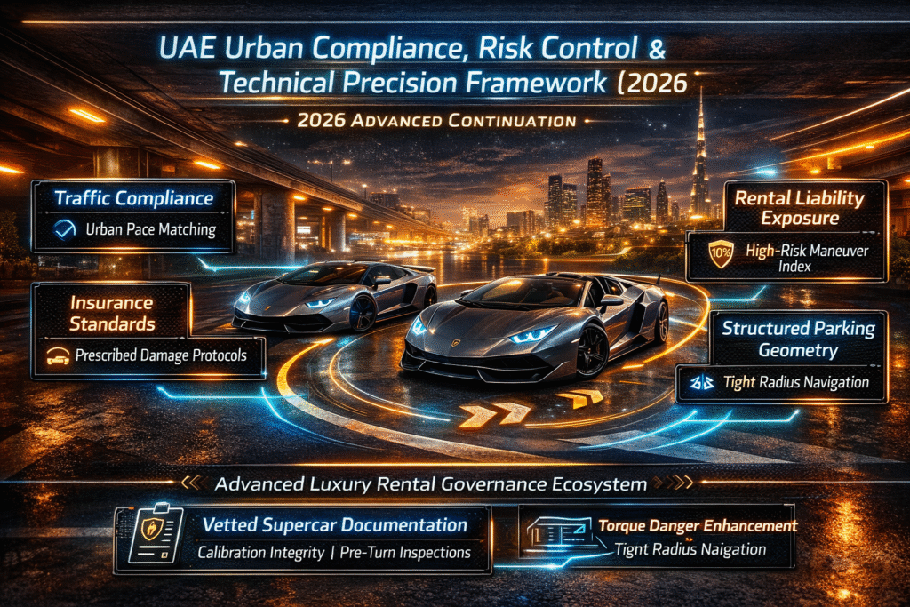 High-end animated infographic showing two Lamborghini supercars executing controlled turning maneuvers in a futuristic Dubai cityscape with Burj Khalifa in the background, highlighting UAE urban compliance, rental risk control, structured parking geometry, and precision turning standards for Lamborghini rentals in 2026.