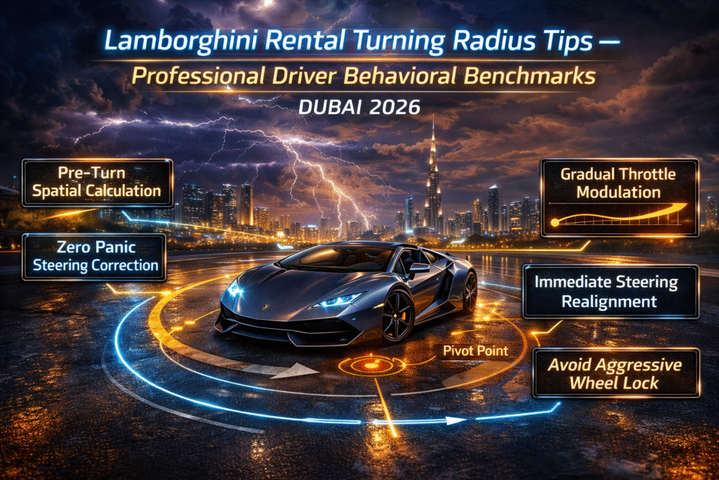 Animated luxury infographic of a Lamborghini executing a controlled urban turn in Dubai, highlighting professional driver behavior benchmarks such as smooth steering, throttle modulation, and precision maneuver discipline.
