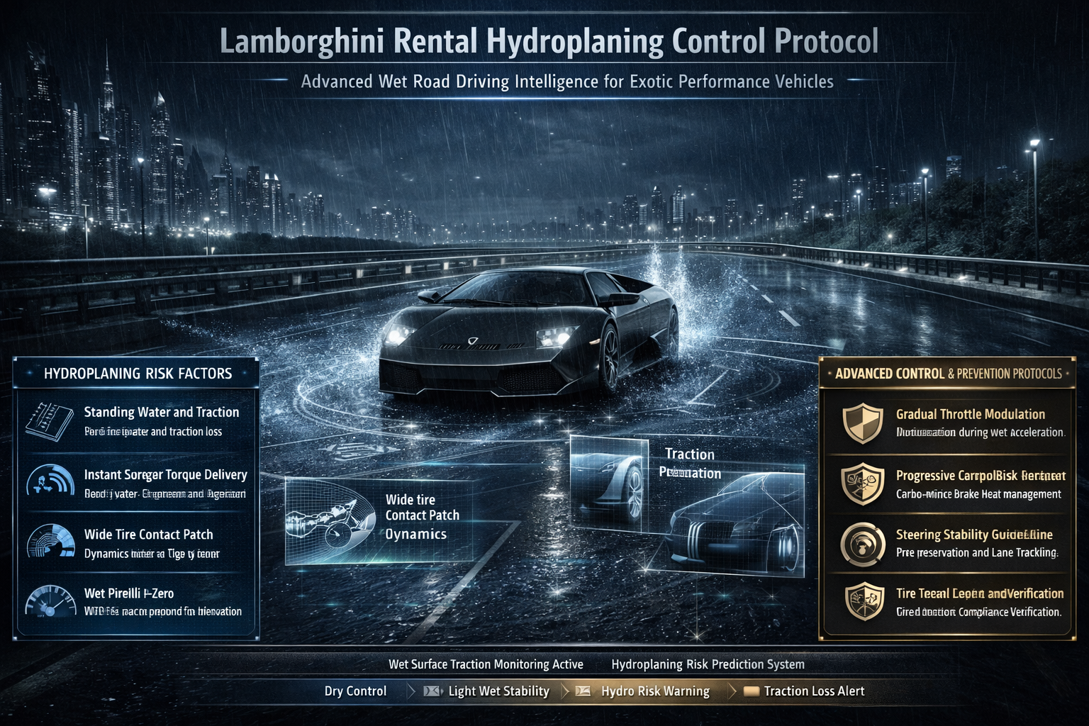 Animated infographic showing a Lamborghini driving through rain-soaked Dubai highways with tire traction telemetry overlays, hydroplaning risk indicators, torque modulation graphs, and wet-road safety guidance demonstrating advanced supercar control strategies.