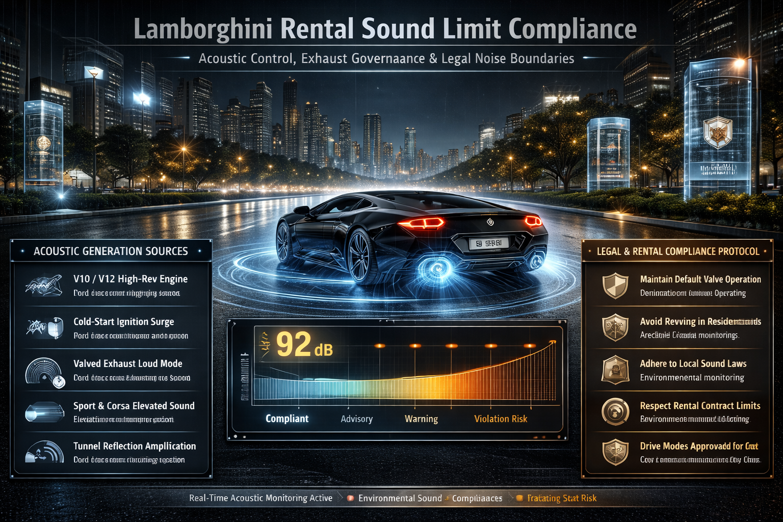 Animated infographic showing a Lamborghini undergoing real-time exhaust sound monitoring on a Dubai luxury boulevard with acoustic telemetry overlays explaining legal noise limits, drive-mode sound control, and rental compliance regulations.