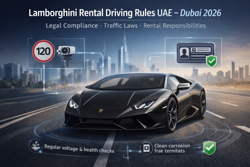 Lamborghini rental driving rules UAE guide showing a parked Lamborghini in Dubai with traffic law and compliance indicators for 2026