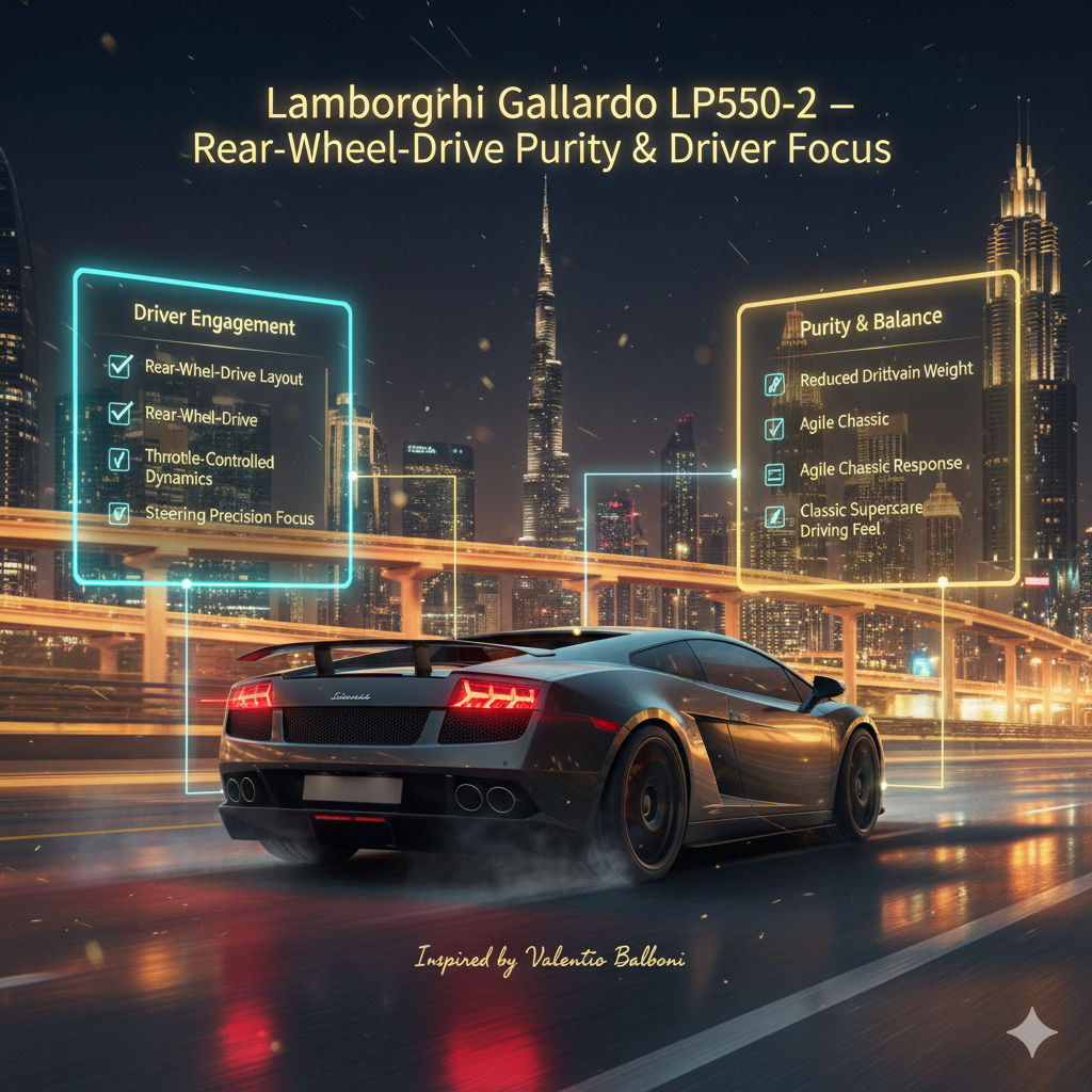 Animated luxury infographic showing a Lamborghini Gallardo LP550-2 in rear-wheel-drive focus with a glowing Dubai skyline and Burj Khalifa background, highlighting driver-centric dynamics, reduced weight, and classic supercar purity.