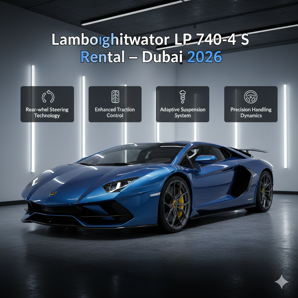 A technical-style editorial image of a metallic blue Lamborghini Aventador LP 740-4 S in a bright, modern studio. The layout features clean infographic blocks detailing the car's precision handling, adaptive suspension, and rear-wheel steering, emphasizing technical refinement for Dubai luxury rentals.